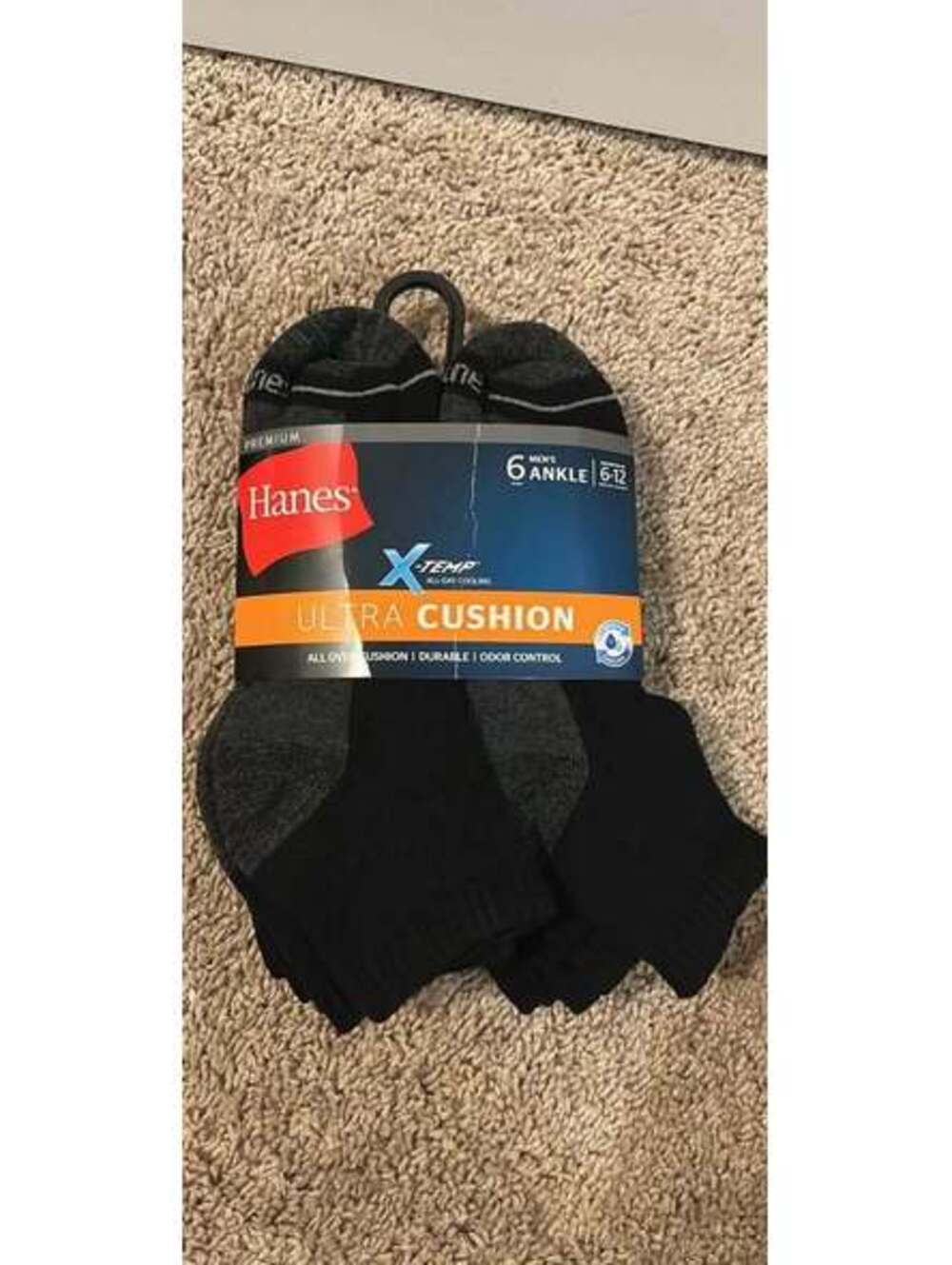Hanes 6 pack men’s x-temp ultra cushion ankle socks in size 6-12